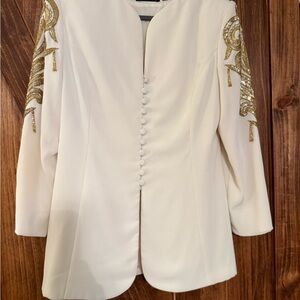 Bob Mackie Embellished Blazer, white with gold sequin pattern sleeves. Size 14